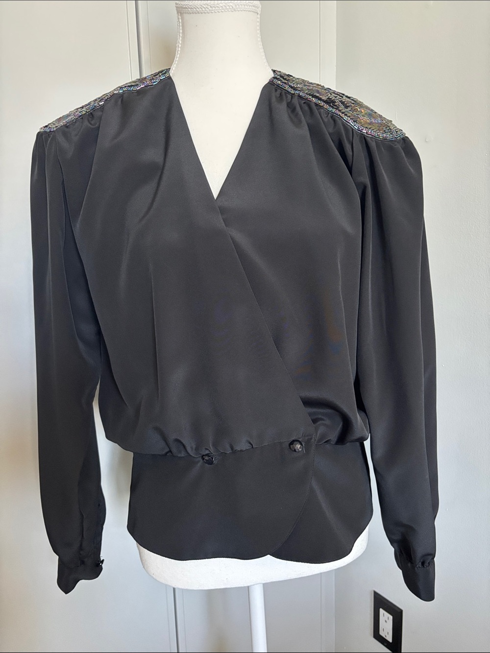 Black Embellished Shoulder Wrap Blouse - Vintage